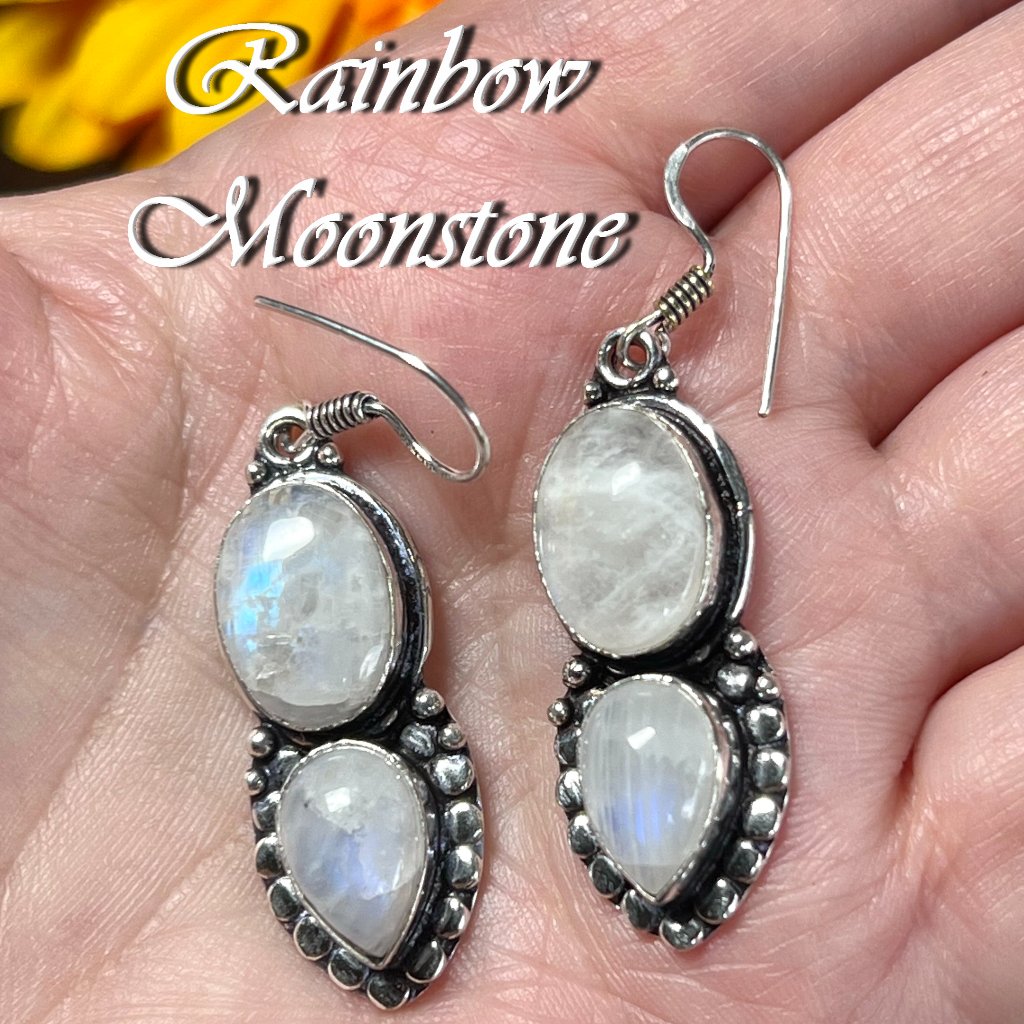 Rainbow Moonstone Earrings Handmade Gemstone Crystal 925 Silver Bohemian Ethnic